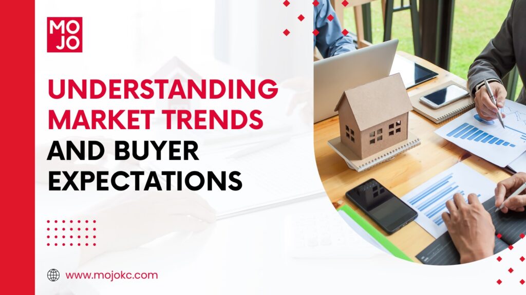 People analyzing graphs and charts on tablets and paper, discussing market trends and buyer expectations in a bright office setting.