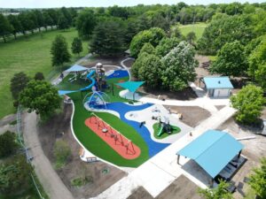 Aerial view of the playground, shelters, and paths at Black Bob Park in Olathe.