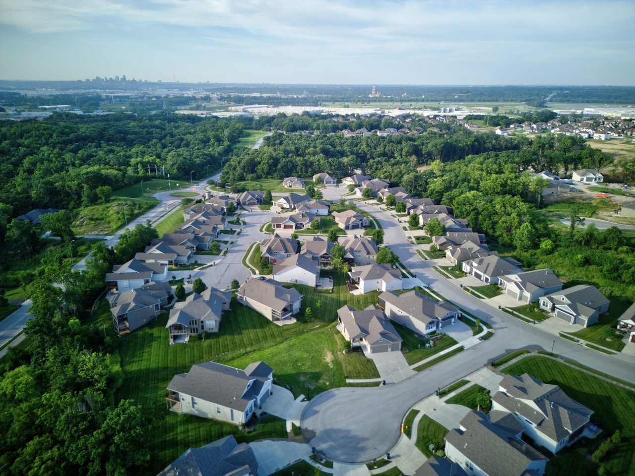 Aerial view of the Bella Ridge subdivision in Riverside, Missouri