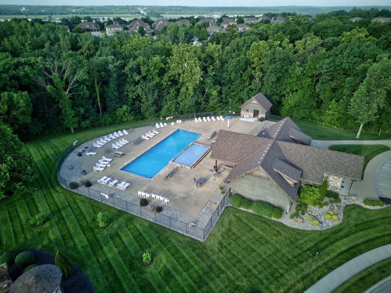 Aerial view of the Montebella clubhouse and community pool in Riverside, Missouri